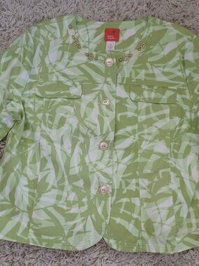 Hearts of Palm Jacket Womens 14 NWT Green White Tropical Embellished Cotton